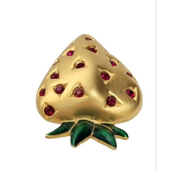 Givenchy Gold-Tone Red Rhinestone Green Enamel Leaf Strawberry Brooch, Signed - Picture 3 of 9